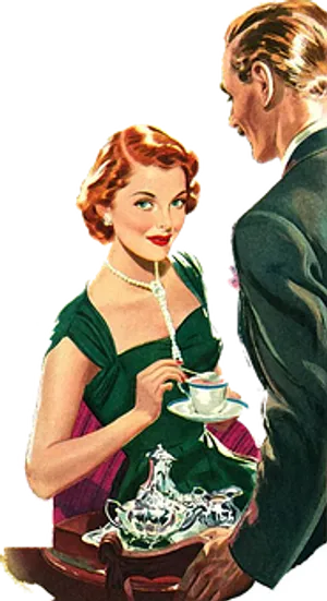 Vintage Tea Time Couple Illustration PNG Image