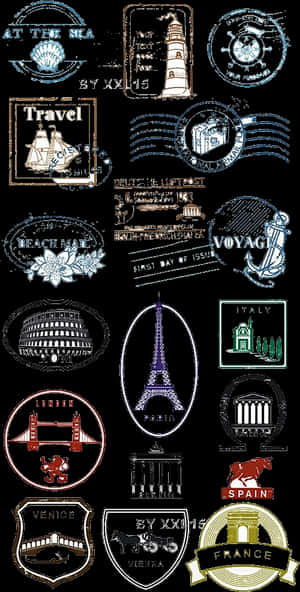 Vintage Travel Stamp Collection PNG image with transparent background