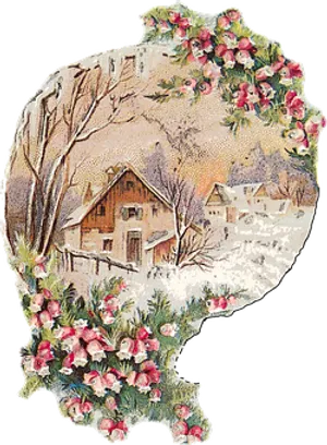 Vintage Winter Cottage Floral Frame PNG Image