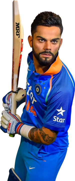 Virat Cricketerin Blue Jersey PNG Image