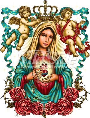 Virgin Marywith Angelsand Roses PNG Image