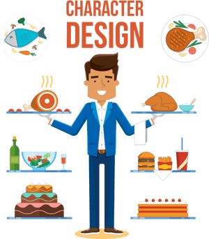 Waiter Character Designwith Food Items PNG