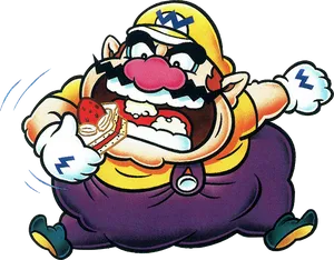 Wario_ Eating_ Strawberry_ Cake PNG Image