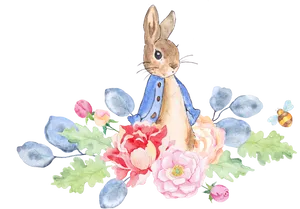 Watercolor Bunny Floral Arrangement PNG Image