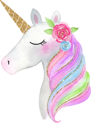 Watercolor Unicornwith Floral Crownand Glitter Horn PNG Image