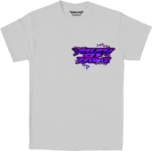 White T Shirtwith Purple Graffiti Graphic PNG Image