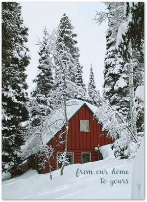 Winter Cabin Snowy Forest Greeting PNG Image