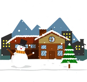 Winter Snowy Scenewith Snowmanand Cabin.jpg PNG Image