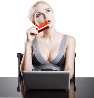 Woman Online Shopping Credit Card Thoughtful PNG image with transparent background