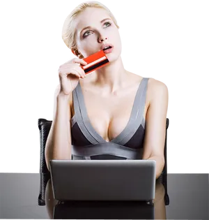 Woman Online Shopping Credit Card Thoughtful PNG Image