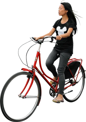 Woman Riding Red Bicycle PNG Image