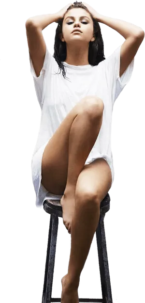 Woman Sittingon Stool White Shirt PNG Image