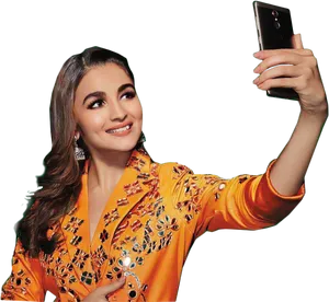 Woman Taking Selfie Orange Dress PNG Image