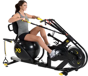 Woman Using Rowing Machine With Stability Ball PNG Image