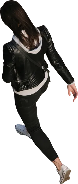 Woman Walking Awayin Leather Jacket PNG Image