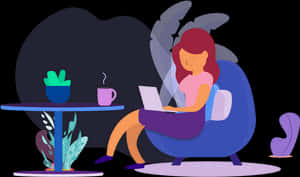 Woman Workingon Laptopin Cafe Illustration PNG image with transparent background