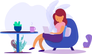 Woman Workingon Laptopin Cafe Illustration PNG Image