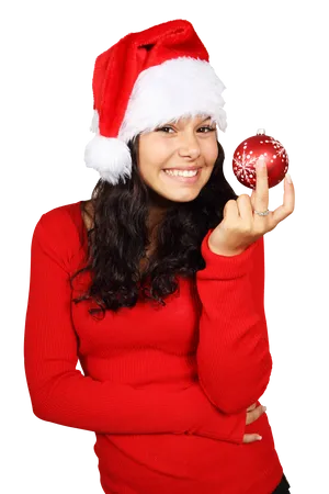 Womanin Christmas Hat Holding Ornament PNG Image