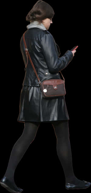 Womanin Leather Coat Walkingand Texting PNG image with transparent background
