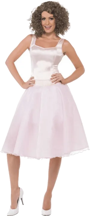 Womanin Pink Dressand White Heels PNG Image