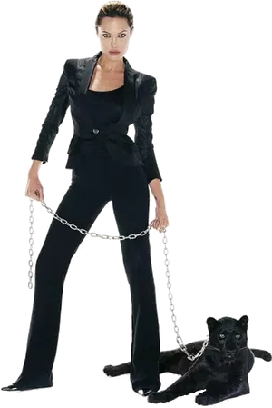 Womanwith Black Pantheron Leash PNG Image