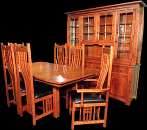 Wooden Dining Setwith Hutch PNG with transparent background