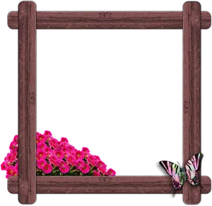 Wooden Framewith Butterflyand Flowers PNG Image