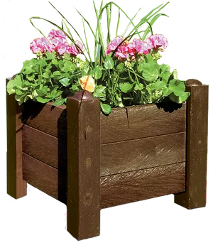 Wooden Planter With Flowers.png PNG Image