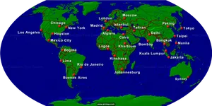 World Map Major Cities Night View PNG Image