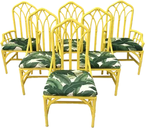 Yellow Bamboo Chairs Banana Leaf Cushions PNG Image