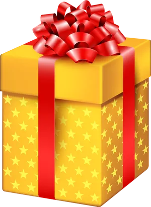 Yellow Gift Box Red Ribbon Stars PNG Image