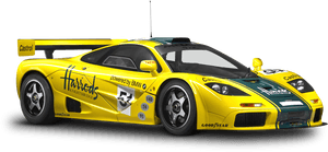 Yellow Harrod's Sponsored Racing Car PNG with transparent background