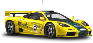 Yellow Harrod's Sponsored Racing Car PNG Image