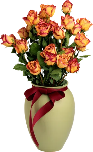 Yellow Rose Bouquetin Vasewith Red Ribbon PNG Image