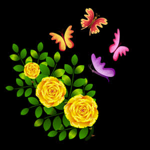 Yellow Rosesand Butterflies PNG image with transparent background