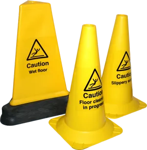 Yellow Safety Cones With Caution Signs PNG Image