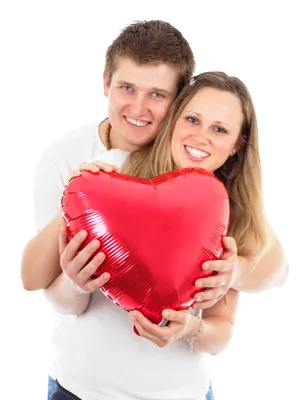 Young Couple Holding Red Heart Balloon PNG Image