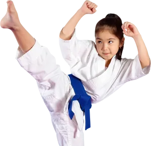 Young Karate Student Blue Belt High Kick PNG Image