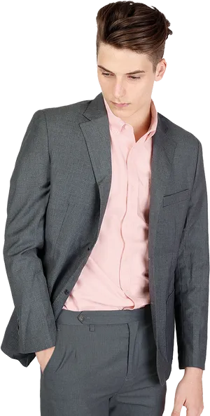 Young Manin Grey Suitand Pink Shirt PNG Image