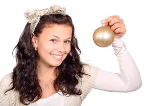 Young Woman Holding Christmas Ornament PNG Image