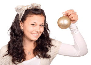 Young Woman Holding Christmas Ornament PNG
