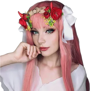 Zero Two Cosplaywith Floral Headpiece PNG Image